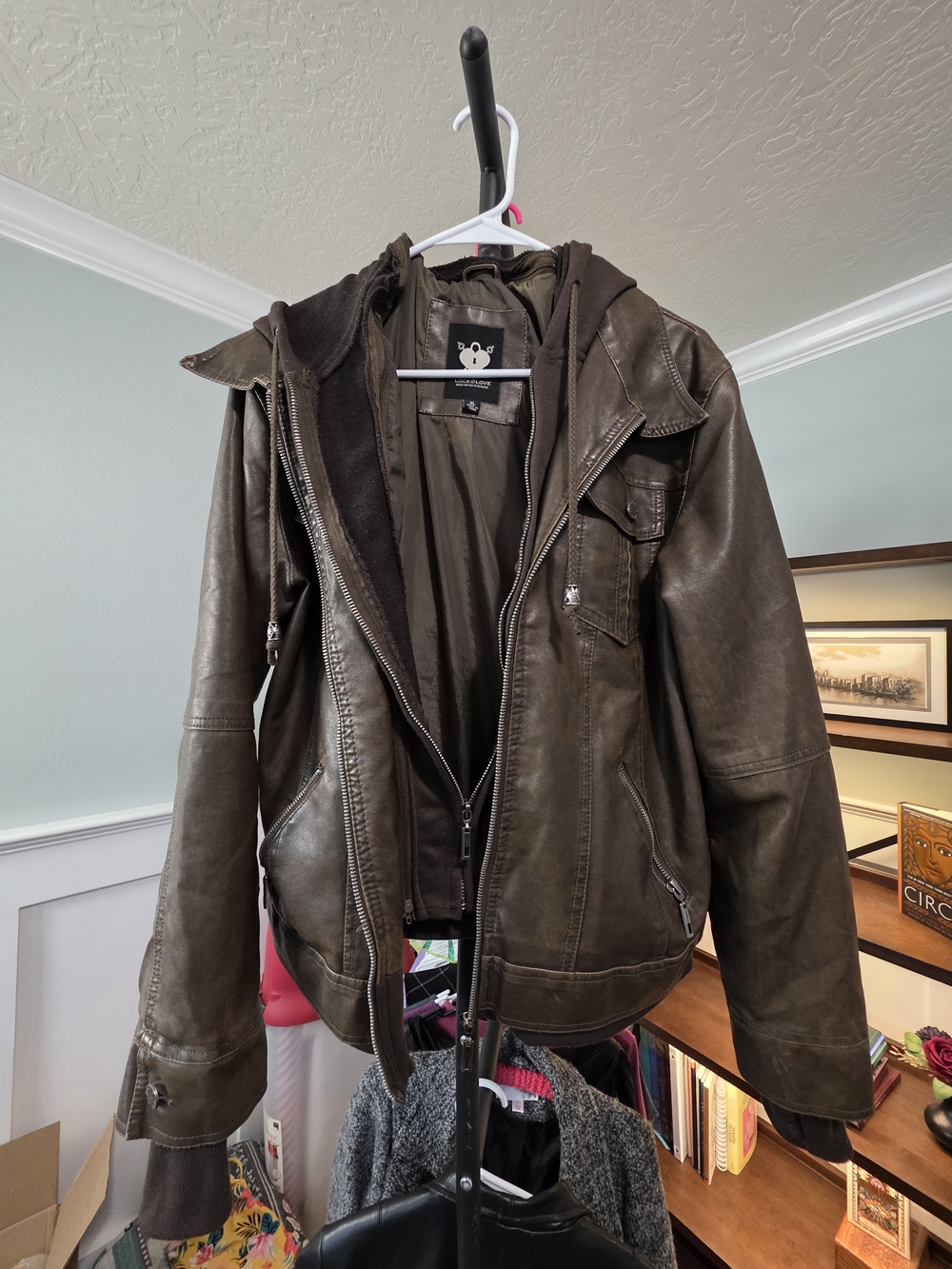 Lock & Love Faux Leather Moto Jacket — XL — Olive Brown — Removable Hood